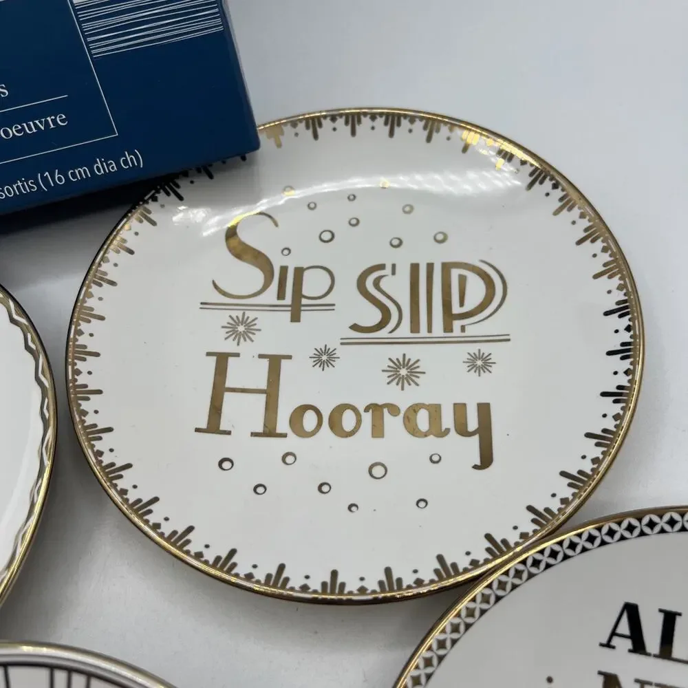 Set 4 Pier 1 Gold White CELEBRATION Appetizer Plates 6.25